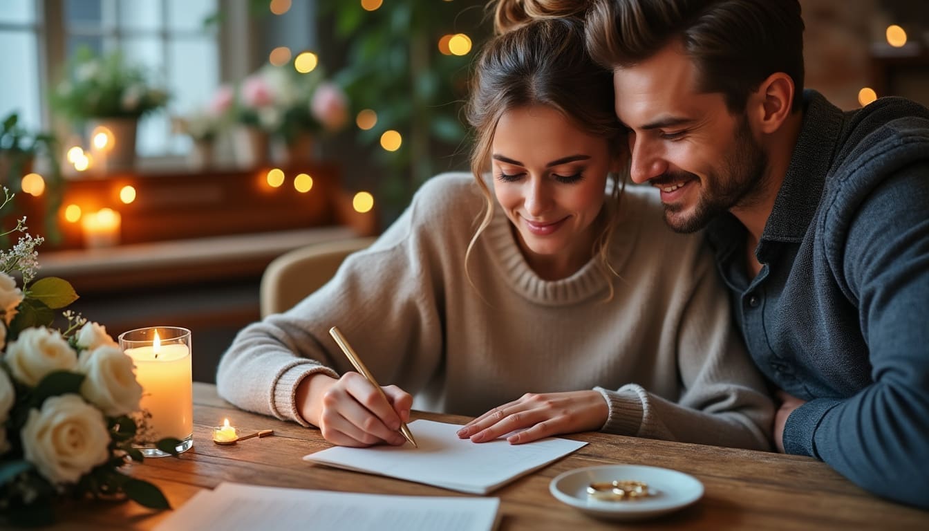 Couple rédigeant une déclaration d'intention de mariage, symbolisant l’engagement et la préparation au mariage.