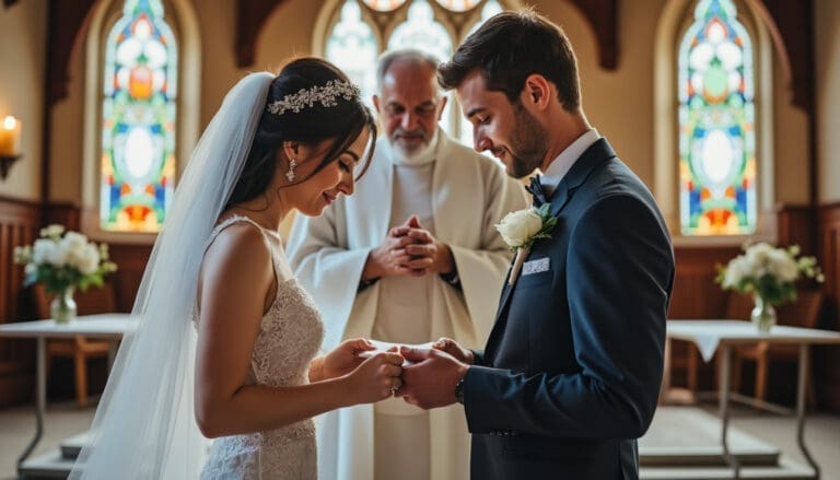 Couple dans une église avec une lettre, soulignant l’importance de la lettre d’intention dans le mariage religieux.