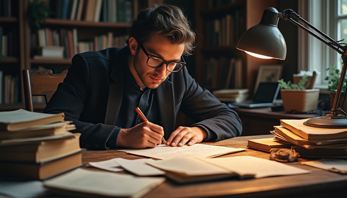 Personne rédigeant une lettre d’intention de mariage, avec des guides et des notes à proximité.