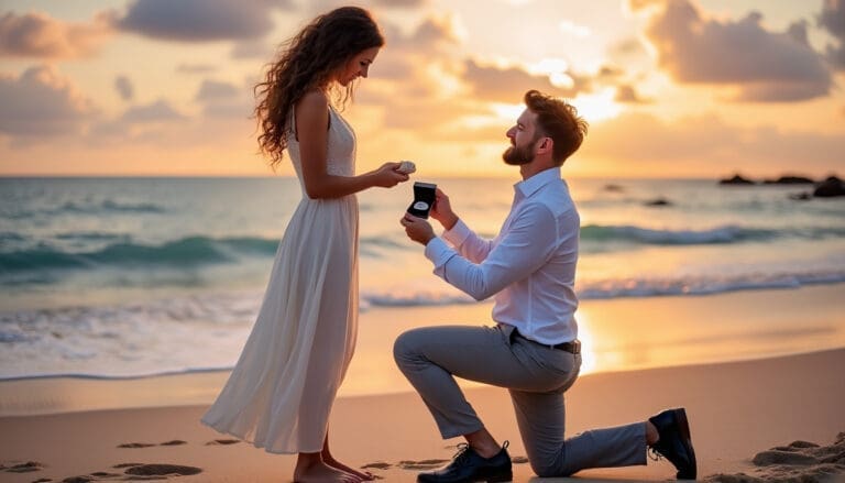 Demande en mariage romantique sur la plage.