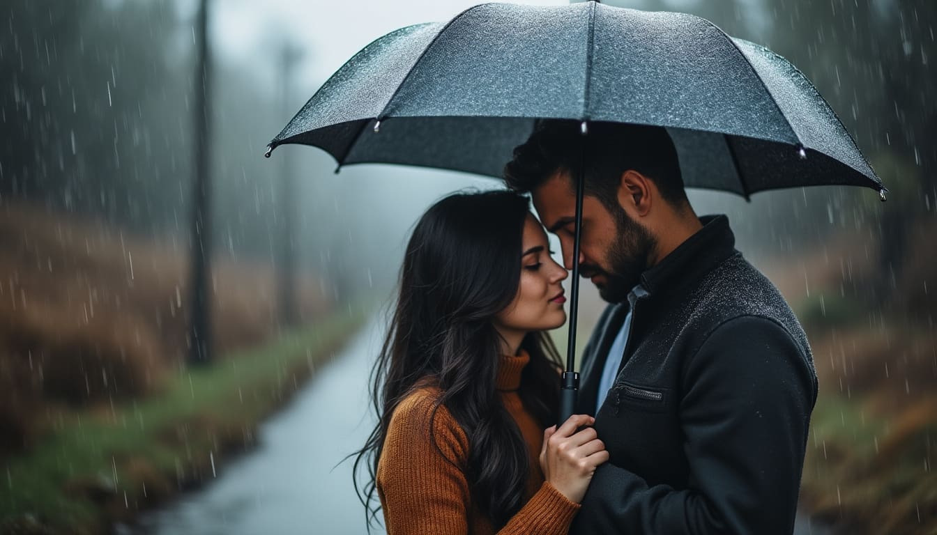 Couple sous la pluie lors d’une demande en mariage.