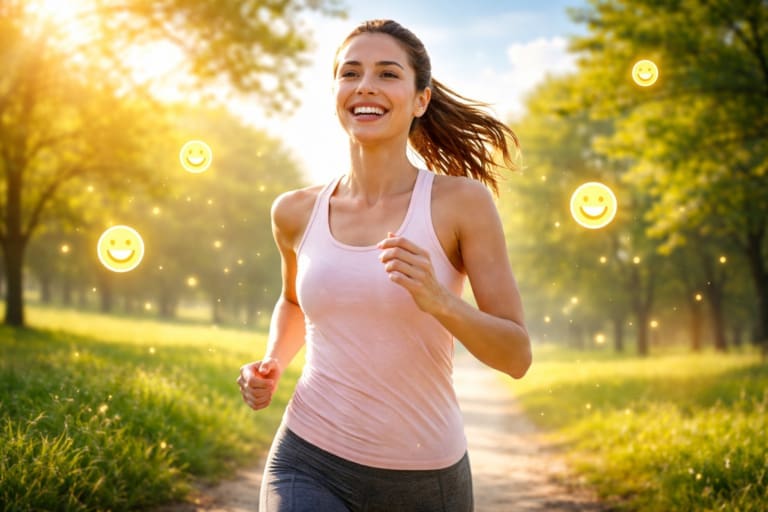 personne souriante courant en plein air symbolisant la libération naturelle d’endorphines et le bien-être