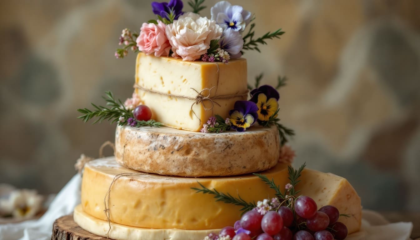Gâteau de mariage alternatif économique : empilement de fromages décoré