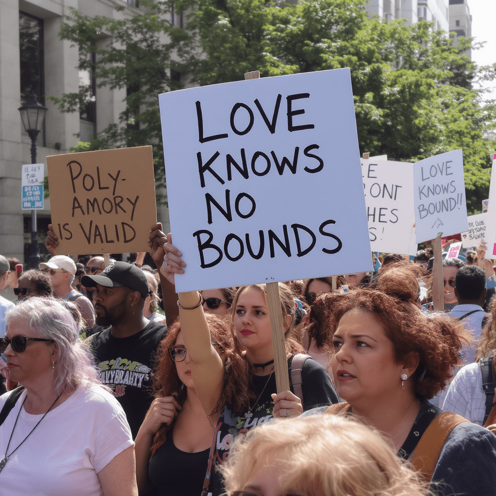 Manifestants soutenant la reconnaissance des relations polyamoureuses dans la société.