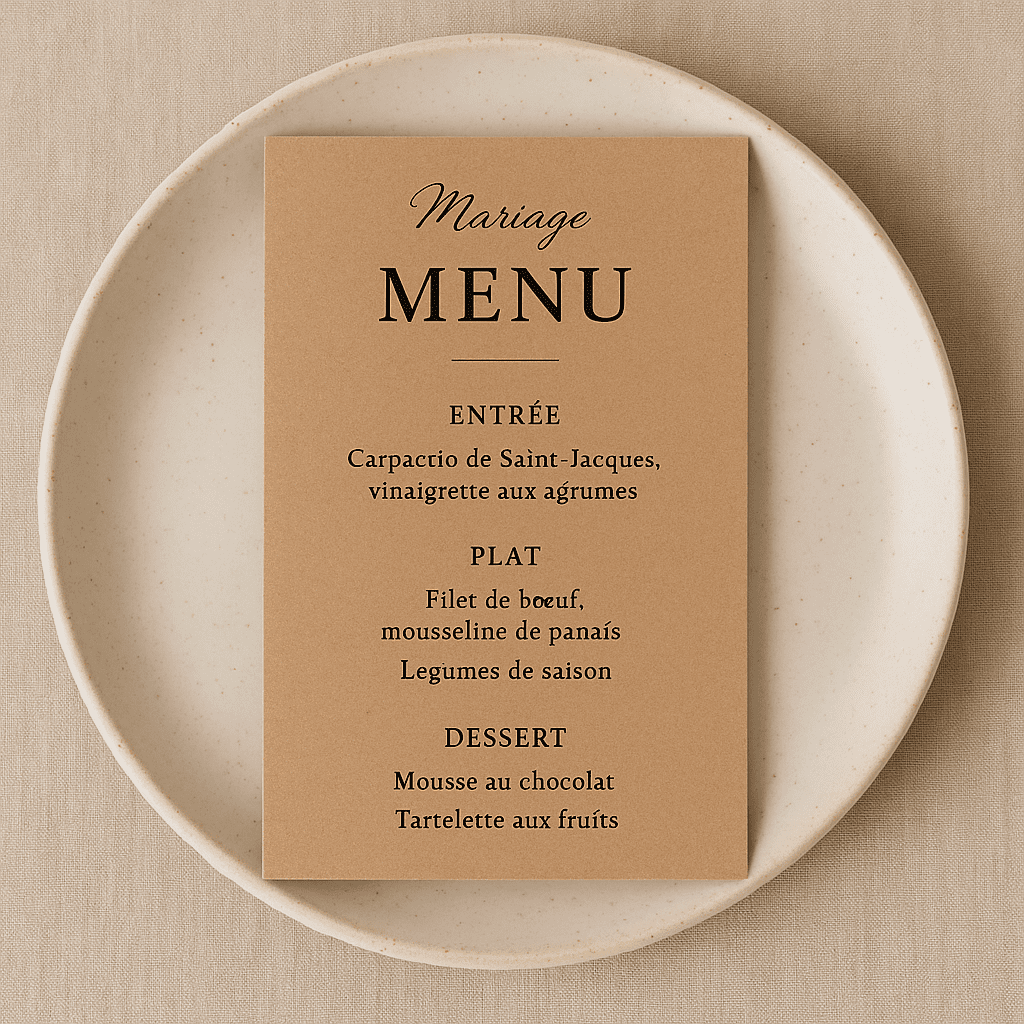 Menu de mariage simple et économique imprimé sur papier kraft