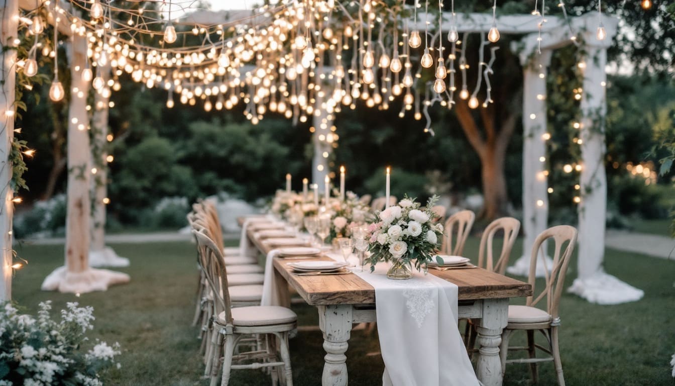 Table de mariage économique en plein air avec décoration simple