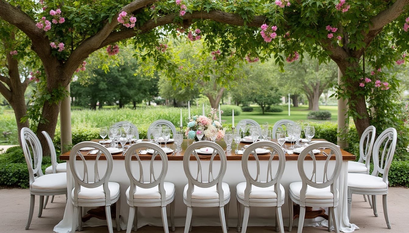 Table de réception de mariage préparée pour accueillir les invités.